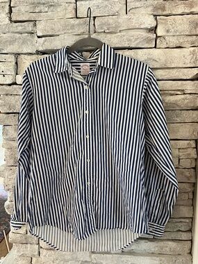 Brooks Brothers Navy and White Vertical Stripe Women's Button-Up Blouse